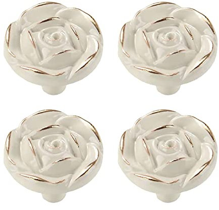 MOROBOR Antique Rose Flower Cabinet Knobs, 4pcs Vintage Zinc Alloy Handles Ivory White Drawer Handle Knobs for Dresser Cabinet with Mounting Screws(Golden Edge)
