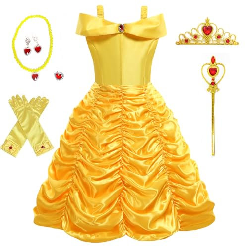 Foierp Prinzessin Belle Kostüme Mädchen Drop Shoulder Belle Kleid mit Handschuhe Diadem Zauberstab Halskette Ringe, Kinder Cosplay Halloween Party Verkleiden, 2-10 Jahre