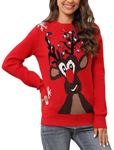 Clearlove Weihnachten Pullover Damen Weihnachtspullover Christmas Reindeer Strickpullover Christmas Sweater Lichterkette Elch M