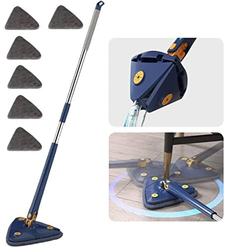 Mopa de limpieza ajustable giratoria de 360°, fregona telescópica triangular con función de exprimidor automática para limpieza del suelo, limpieza de la pared (1 fregona azul + 6 trapos)