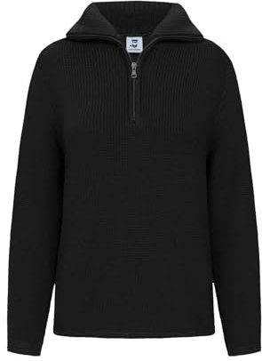 HANSEHELD Damen Troyer Schurwolle Schwarz 36 | Pullover | 100% Schurwolle | Strickpullover für Frauen | Troyerkragen | Reißverschluss | Wollpullover | Made in Germany