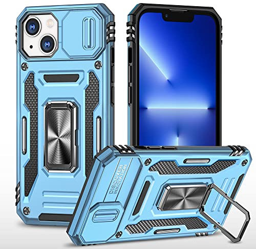 Cover Compatibile con iPhone 14 Plus 6.7,Protezione Fotocamera Slidable Custodia Antiurto Case Anello Supporto Silicone Custodie,Blu cielo