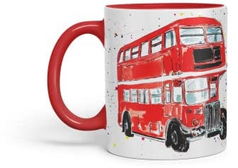Vixar Bus Classic London Busses Red Watercolour Art Coloured Mug Cup Gift Birthday Work Office Tea Coffee (Red)