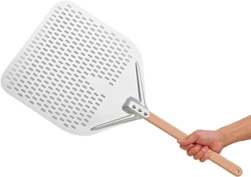 Megashopitalia Pelle à pizza perforée en aluminium anodisé avec poignée en bois 30 + 40 cm Démontable Pain Sucrés