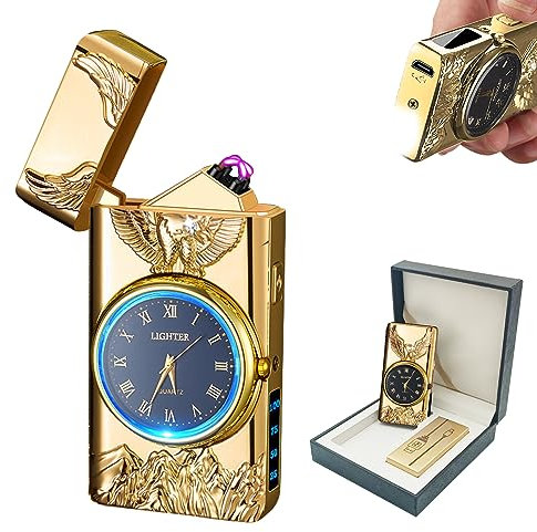 BABOBIU Electric Arc Lighter, Double Flashlight, Rechargeable, Adventure, Picnic, Hunting, Modern, Gold, Metal Core