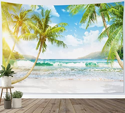 LB Wandteppich Tropischer Strand Wandtuch Grüne Palme und Meereswelle Wandbehang Sommerliche Küsteninsellandschaft Tapisserie für Wohnzimmer Schlafzimmer Wohnheim Wanddeko,235x180cm