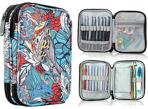 Aeelike Blaues Totem Häkelnadel-Etui, 18×15×3,6 cm, Kurze Reißverschluss-Aufbewahrungstasche mit Doppeltes Aufbewahrungsfach, Schön Häkeltasche Organizer für Häkelnadel, Häkelzubehör(nur Tasche)