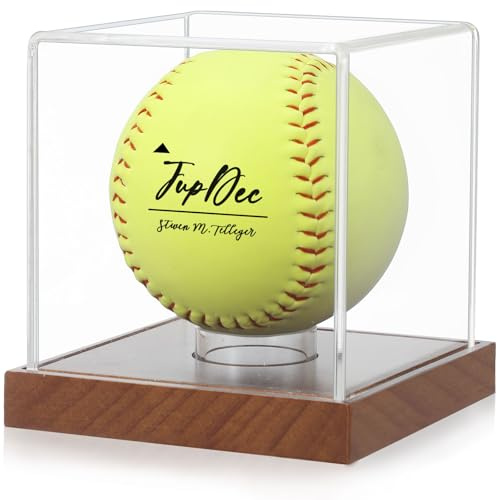 JupDec Softball-Vitrine, transparenter Acrylballhalter, UV-geschützter Würfel mit Holzsockel, Meisterschaftssportsammlungen, Vitrine
