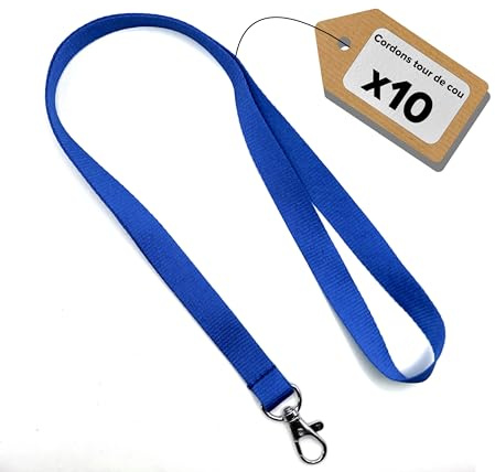 Lot de 10 Cordons Tour de Cou - Lanières de Porte Badge - pour événement, entreprise, groupe (Bleu)