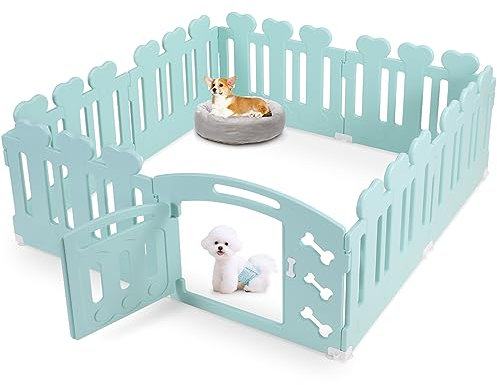 Welpenauslauf 155x155x60cm, Laufstall Hund 7+1 Platten, Plastik Welpenlaufstall, Faltbare Hundegitter, Wetterfest Hundezaun mit Tor, Inkl. Saugnäpfe & Erdanker, Hundekäfig für Zuhause, Grün