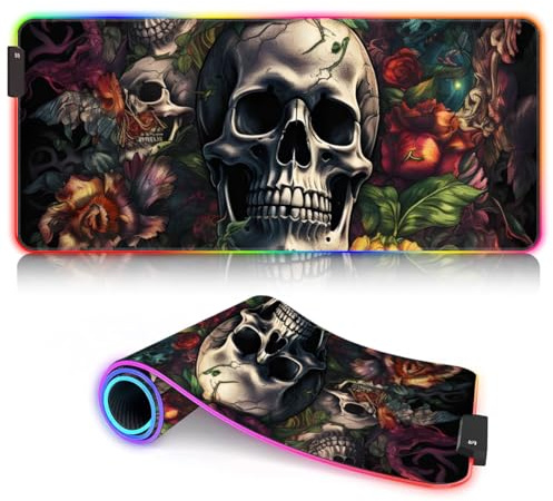 Tapis Souris Jeu LED 7 Modes d'éclairage RGB, contrôles luminosité avec décalcomanies et Bords Transparents Éclairage Bureau et Suivi précis Crâne et Roses Crâne Rose 13,77 x 23,6 Pouces