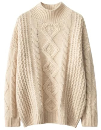 Autunno e Inverno Donna Cashmere Addensato Maglione Intrecciato Fiore Mezzo Collo Alto Solido Maglione Caldo, Pile blu., Taglia unica