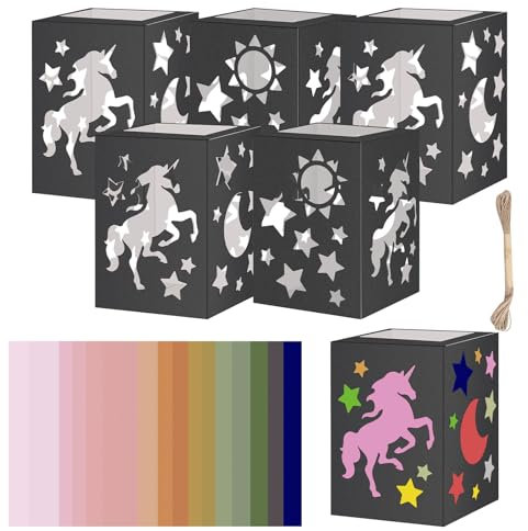 5 Stück St Martin Laternen Bastelset Einhorn 19 * 14 * 14cm Laternen Rohlinge Sonne Mond Sterne mit 10 Stück Bunt Papierlaternen Weiß Transparentpapier mit Hanfseil Laternenlauf für Sankt Martinszüge