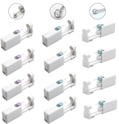 12 Stück Ohrlochstechpistole Set, Tragbares Sicherheits Ohrloch Stecher mit Ohrsteckern, Steril Einweg Ohrlochpistole für Hause, Mädchen, Jungen, Frauen, Männer(Weiß)