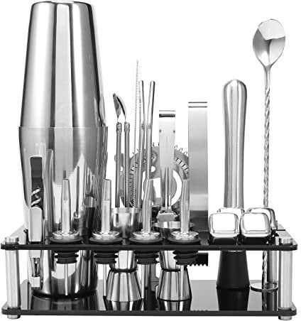AWAOVV Cocktail Shaker, 23 Pcs Cocktail Making Boston Stainless Steel Bartender Kit with Acrylic Stand & Cocktail Recipes Booklet, Cocktail Maker Machine Set Bar Accessories, Boston Shaker Set