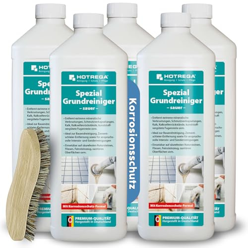 HOTREGA Spezial-Grundreiniger sauer | 5x 1L Konzentrat | Inklusive Bürste | Entfernt Zementschleier, Kalk & Grauschleier | Ideal für Fliesen und Naturstein | Hohe Reichweite durch 1:20 Verdünnung