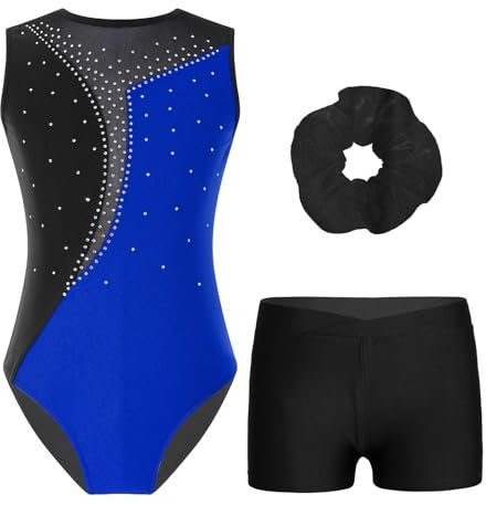 Yruioon Kinder Mädchen Gymnastikanzug Glitzer Turnanzug mit Kurze Hose Haarband Ärmellos Ballettanzug Ballett Trikotanzug Wettbewerb Tanzkostüm Royal Blau 122-128
