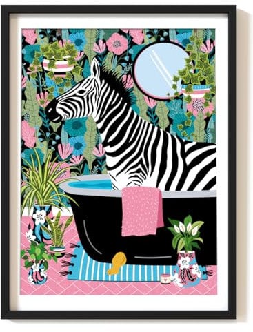 Parmaro Zebra Bathroom Print, A4 UNFRAMED Animal on Toilet Print, Pink Botanical Tropical Bathroom Decor