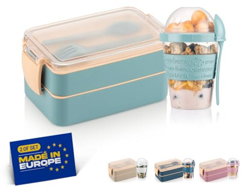 Winkly® Lunchbox, Brotdose kinder mit fächern (400+500) ml & 600ml Müslibecher - Bento Box To Go, 2-Fächer Bento & Besteck, Jausenbox für Mikrowelle & Spülmaschine, Brotdose schule, Picknick (Türkis)