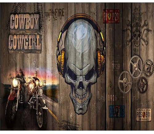 Custom size peel and stick mural retro wooden board skull music Waterproof PVC wall sticker mural wallpaper for use in gyms cafes bathrooms bedrooms badminton halls athletics halls boxing gyms