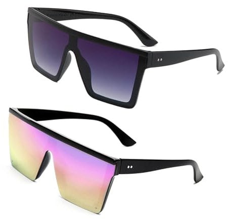 UILYNIU 2 Paar Flat Top Oversized Sonnenbrille, Party Sonnenbrille, Rave Brille, Sonnenbrille Rechteckig, Mode Flat Top Big Rahmen Shades, Steampunk Sonnenbrille Farbe und Schwarz