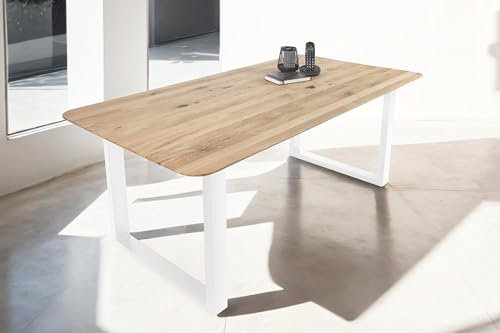 SAM Esstisch 200 x 100 cm Lotte, Eichenholz massiv & geölt, Esszimmertisch mit Schweizer Kante/runde Ecken, U-Gestell aus Metall Weiß, pflegeleichter Holztisch