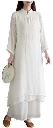 DAYKET Vêtements de Tai Chi pour Femmes, Ensemble de Kung Fu Traditionnel Chinois, Uniforme en Coton et Lin pour La Méditation Zen, Les Arts Martiaux, Wing Chun Wear,White-M