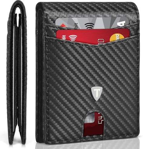 Tomylv Wallet RFID Blocking Carbon Fibre Leather Mens Wallets with 11 Credit Card Holder, 1 ID Window, 2 Banknote Compartments, Bi-Folded Wallets for Men UK with Gift Box - Black