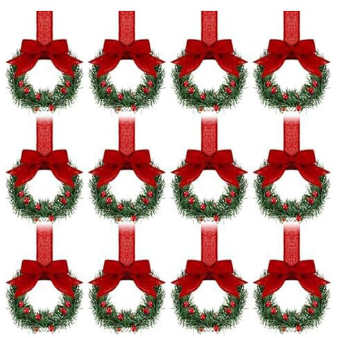 Kleine Weihnachtskränze mit Band, 13 cm, kleine Kränze für Küchenschränke, künstliche grüne Weihnachtskränze mit Schleife, für Weihnachten, Bauernhaus, Veranda, Wand, Fenster, Dekoration, Rot, 12