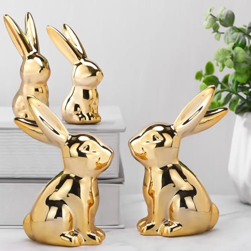 Wesiti Oster-Dekorationen, goldener Hasen-Figuren-Set, 11,4 cm und 7,6 cm, Keramik, Osterhasen-Statue, Vintage-Hasen-Figur, Geschenke für Zuhause, Büro, Tischdekoration, Frühling, Ostern, Partyzubehör
