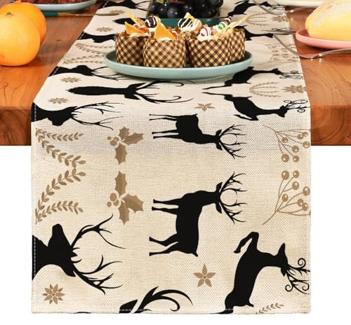 FANSU Weihnachtsbaum Tischläufer, Herbst Dekoration, Leinen Tischdecke, Tischläufer Weihnachten Tischdeko, Tischläufer Modern für Party, Kaffee, Esszimmer, Kommode (33x160cm,Schwarzer Elch)