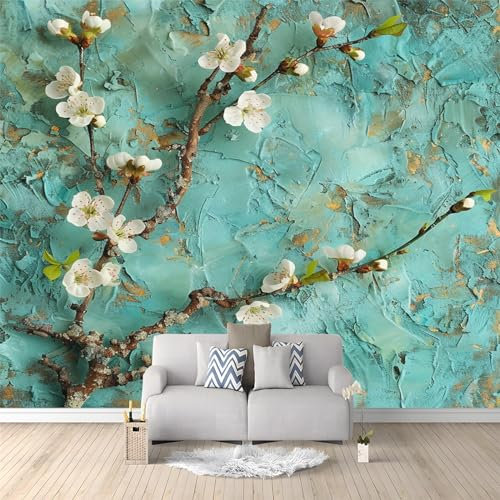 Carta da parati 3D con fiori di pesco panoramica, 350 x 256 cm, sfondo verde, in pile di alta qualità, per soggiorno e ristorante, decorazione da parete
