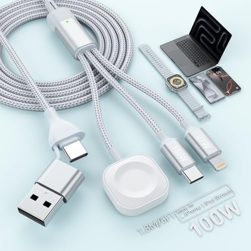 100W USB C Apple Watch Charger, 3 in 2 USB C Multi Fast Charging Cable for iWatch & iPhone, 6FT Travel Magnetic Charging Cable for iPhone 16/15/14/13/12/11/X, iWatch Ultra/SE/9/8/7/6/5/4/3/2/1, Galaxy