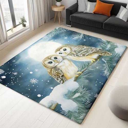 Teppich Wohnzimmer Aquarellmalerei Vollmond Immergrüner Baum Eule Teppich Schlafzimmer Teppich Esszimmer Teppich, Kurzflor Outdoor Teppich, Waschbarer Teppiche, Rutschfest Teppich 140 x 200 cm