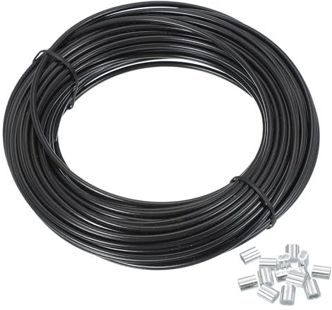 PATIKIL 3mm Wire Rope, 66 ft 304 Stainless Steel Wire Cable Black Vinyl Coated with 20pcs M3 Crimping Sleeves for Hanging Lights Clotheslines Trellis Wire, Black
