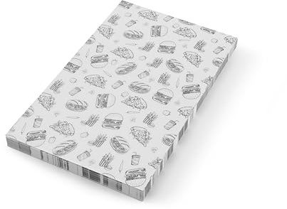 HENDI Deli Papier, 500 Blätter, für Lebensmittel, fettdicht, ölbeständig, Einschlagpapier, Brotpapier, Hamburgerpapier, Sandwich Papier, Fettdichtes Papier, 250x350mm, Fastfood-Illustrations Druck