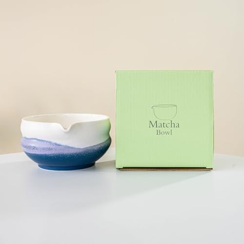 YlobdolY Matcha-Schüssel aus glasiertem Porzellan, handgefertigt, traditionell, mit Ausgießer, Aquarell, Geschenkbox zum Schlagen von Matcha