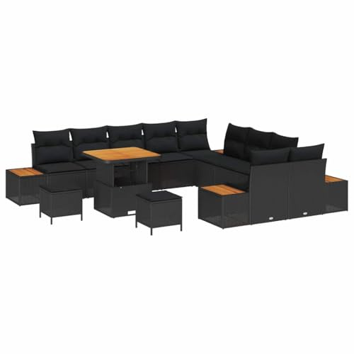 vidaXL Gartensofa-Set mit Kissen 13 pcs Schwarz Poly Rattan, Garten-Sofa-Set, modern, leicht, wetterfest, Akazienholz, für draußen, perfekt für die Familie, modulare Sitzmöbel