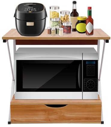 SuhoFutus Mikrowellenregal 2-stufig mit Schublade, Küchenregal Metallrahmen, 10kg Traglast, Platzsparendes Ablageregal für Küche, Backofen, Toaster und Gewürze 54x35x50cm (Holz + Weiß)