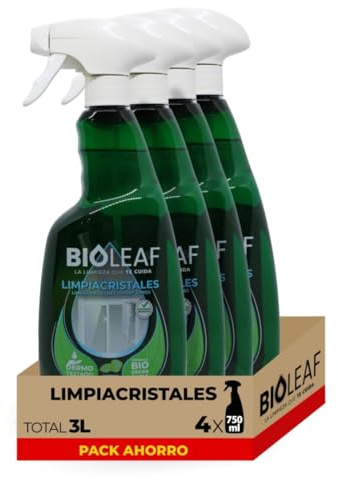 BIOLEAF – Limpiacristales Sin Huellas Pack 4×750 ml (3 L) | Brillo Perfecto en Cristales, Espejos y Ventanas | Secado Rápido Sin Marcas | Fórmula Biodegradable| 100% HECHO EN ESPAÑA
