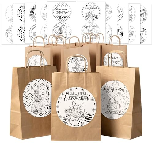 10 Stück Ostertüten Osternester Osterhasen Taschen mit Aufklebern | Papier Ostertaschen zum Befüllen, 10 Aufkleber für DIY-Design, Ostern Basteln, Osterdeko & Eiersuche