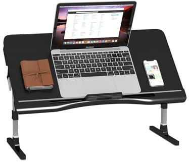 Holdfiturn Foldable Laptop Desk, Laptop Table with Cup Holder, Height Adjustable Computer Bed Tray Table, Reading Holder Notebook Stand for Eating Reading Working (Upgrade - Black)