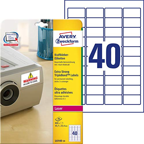AVERY Zweckform L6140-20 Kraftkleber Etiketten (800 Aufkleber, 45,7x25,4mm auf A4, extrem stark selbstklebend, permanent haftend, bedruckbare Klebefolie für kritische Bedingungen) 20 Blatt, weiß