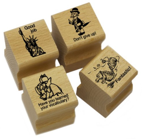 Elbi Stempelset: 4 x Englischstempel (Good job!, Don't give up!, Fantastic!, Have you learned your vocabulary?) Lehrerstempel aus Holz - K7