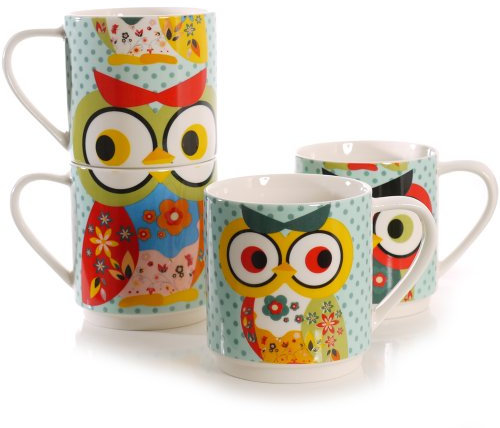 Set of 4 Owl Mugs Cups, Coffee Mugs, Modern, Multi-Color