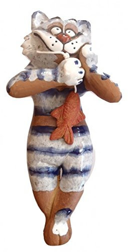 Keramik Gartenstecker Gartenkugel Blumenstecker Beetstecker Katze mit Fisch 31 cm frostfest