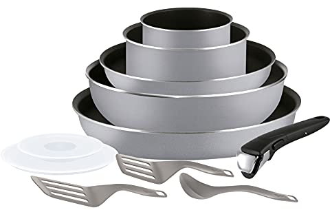 Tefal Ingenio Essential - Juego de 3 Sartenes y 2 Cazos + Accesorios: Sartén de 24/26/28 cm y Cazo de 16/18 cm, acero inoxidable, mango intercambiable, antiadherente, Thermospot, apto lavavajillas