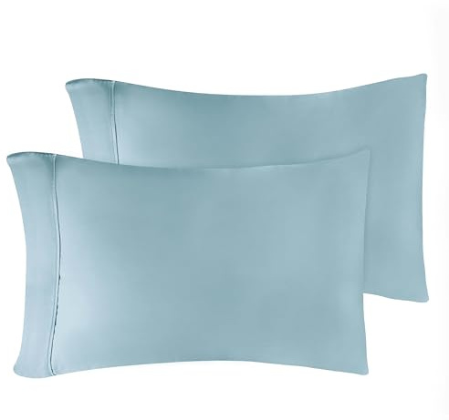 Superior Egyptian Cotton 300 Thread Count Pillowcase Set, Luxury Sateen Weave, 2 Pack, Lightweight, Bed Essentials, Guest Bedroom Pillowcases, Soft, Bedding Basics, Standard Size, Light Blue