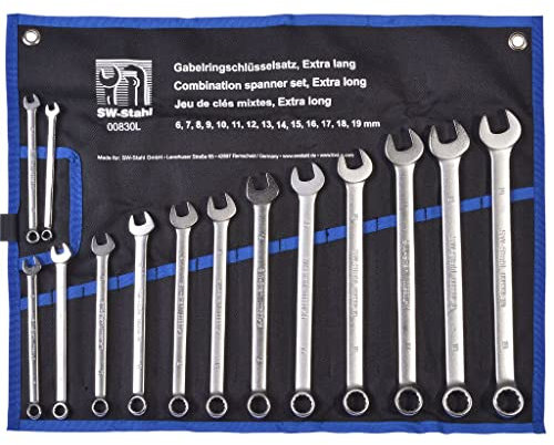SW-Stahl 00830L Gabelringschlüsselsatz 6-19 mm, 14-teilig extra lang I Maulschlüssel-Set I Ringschraubenschlüssel I Doppel-Schraubenschlüssel I Ringmaulschlüssel