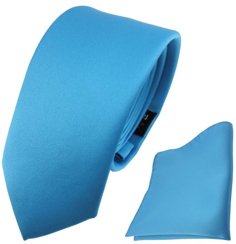 TigerTie - schmale Satin Krawatte + Einstecktuch in einfarbig Uni - Schlips Binder